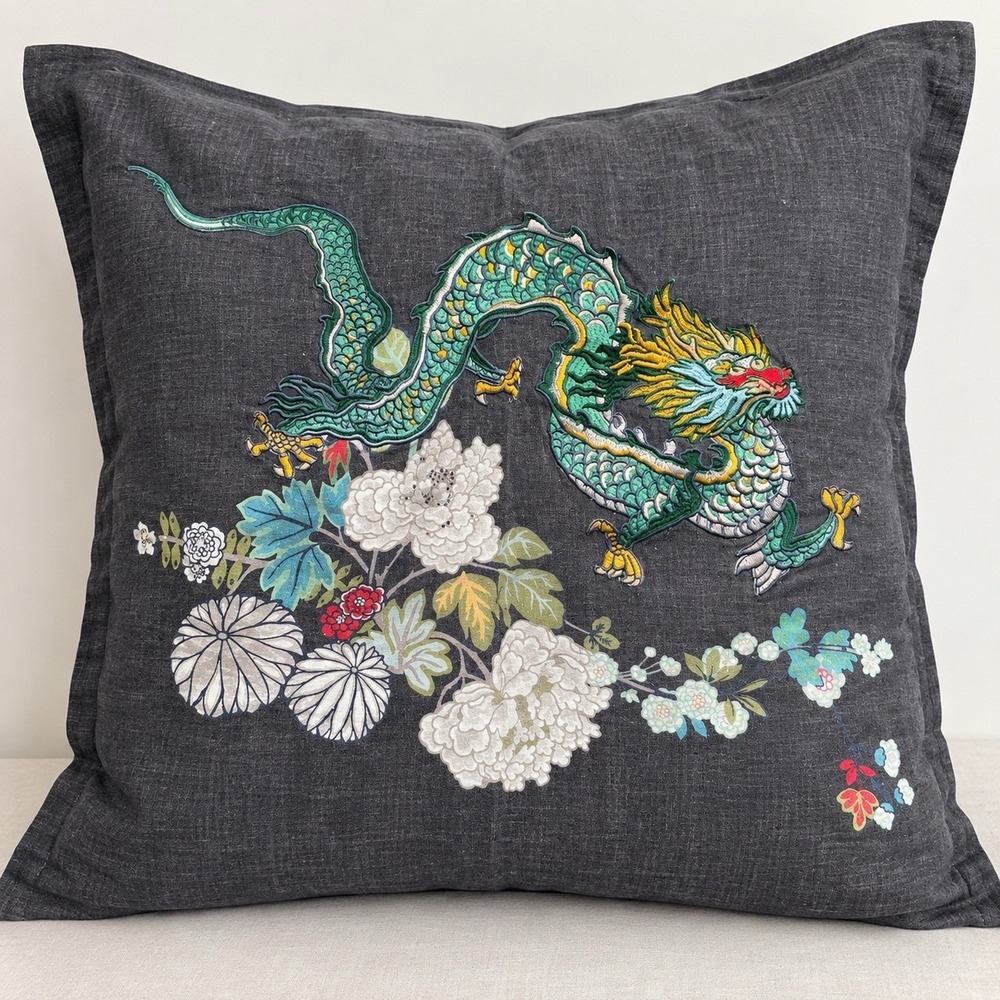 Williams Sonoma Schumacher Chiang Mai Dragon Euro Pillow Sham Linen Embroidered